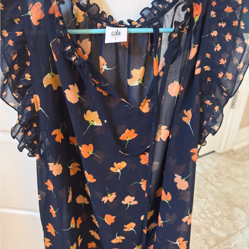 CAbi Dark Blue Blouse with Orange Floral Design